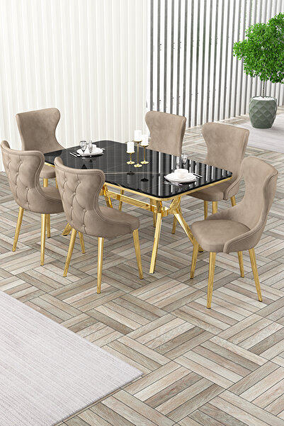 Canisa Esla Serisi 90x160 Lak Panel Sonata Gold Kaplama Ayaklı Masa Takımı ve 6 Cappucino Sandalye