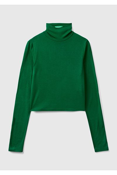 United Colors of Benetton Tricou verde vâscos slim fit amestecat cu mânecă lungă - guler vertical
