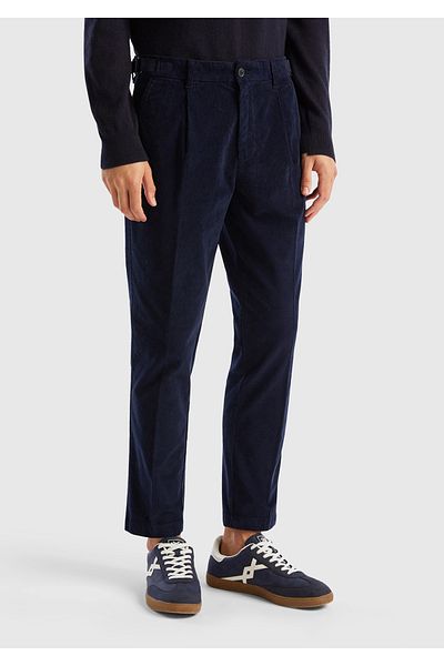 United Colors of Benetton Navy Blue Slim Fit Men's Velvet Trousers - Pleated Design