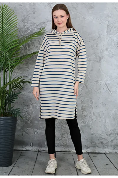 exxitcollection 95 cm Hooded Striped Slit Long Tunic Sweatshirt - Two Thread