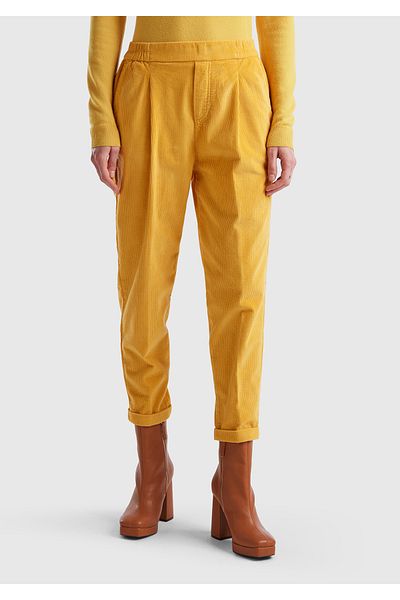 United Colors of Benetton Mustard Velvet Women's Trousers - Elastic Waist