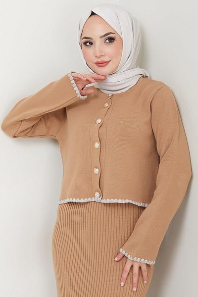 hafsamina Camel Hm2613 - Shepherd's Stitched Knitwear Cardigan and Gilet Set