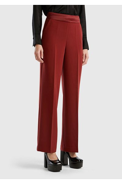 United Colors of Benetton Pantaloni de damă roșii Claret cu talie înaltă din satin - picior lat