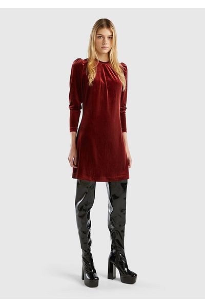 United Colors of Benetton Burgundy Flared Velvet Dress - Long Sleeve and Backless Detail
