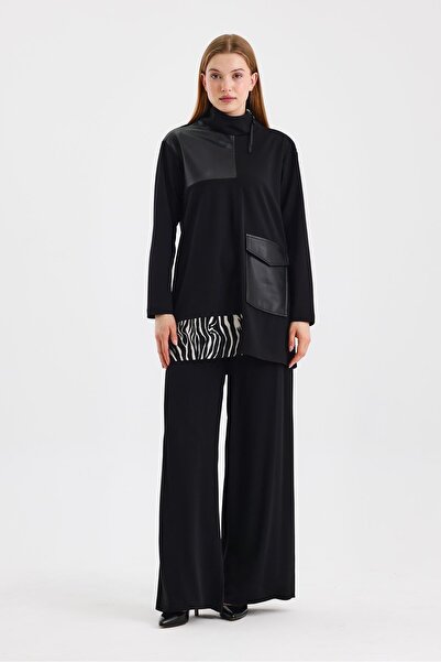 Zühre Leather Garnished Pattern Detailed Black Tunic T-1539