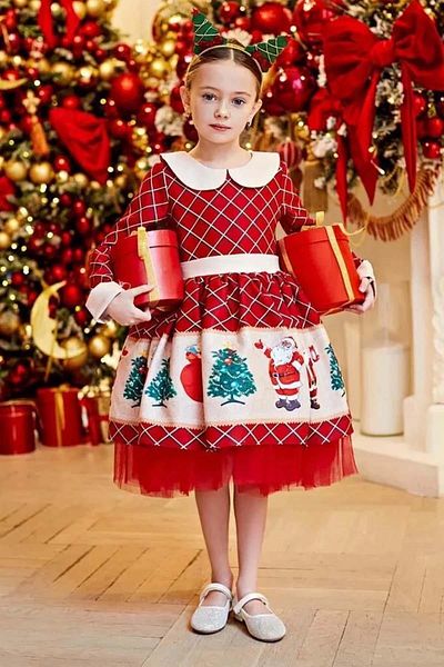 Riccotarz Girl's Plaid Detailed Santa Claus Printed Baby Collar Christmas Red Dress
