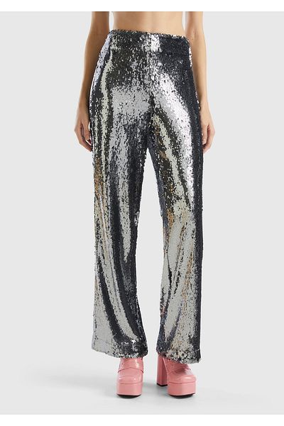 United Colors of Benetton Silver Colored Sequined Side Zipper Women's Trousers - Regular Fit