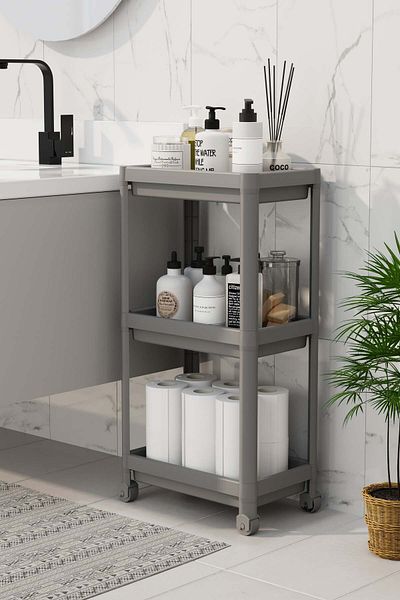 Omaş Household Product وحدة رفوف الحمام المكونة من 3 طبقات (PEGGY) باللون الأبيض لتنظيم الحمام وحامل الشامبو وخزانة المناشف (رمادي)
