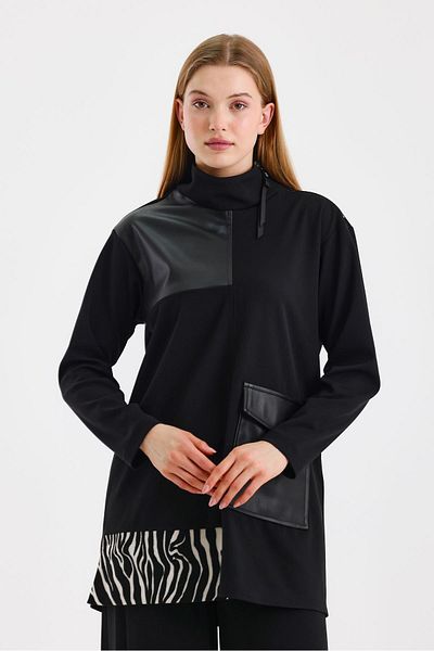 Zühre Leather Garnished Pattern Detailed Black Tunic T-1539