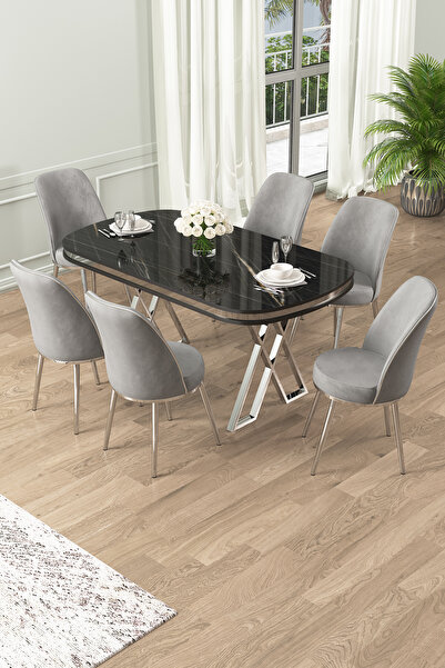 Canisa Lai Serisi 90x168 Lak Panel Sonata Krom Ayak Masa Takımı 6 Gri Sandalye