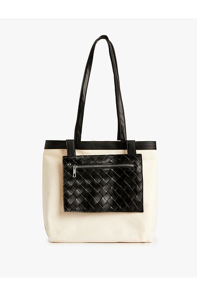 Koton Canvas Tote Bag Faux Leather Wallet Detailed Color Contrast
