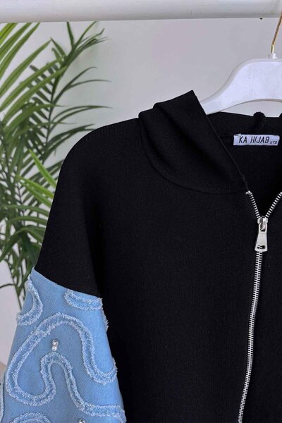 Ka Hijab Kolları Kot Detaylı Triko Tesettür Hırka - Siyah
