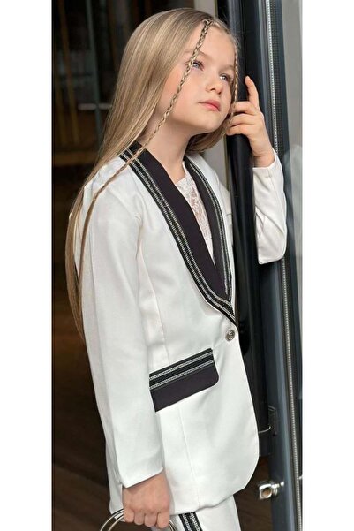 Riccotarz Girls' Stonework Shawl Collar Blazer Jacket Lace Detailed Blouse Stripe Detailed White Bottom Top Suit