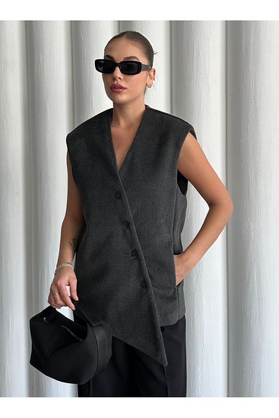 Laluvia Anthracite Venetian Cross Button Vest- 509063