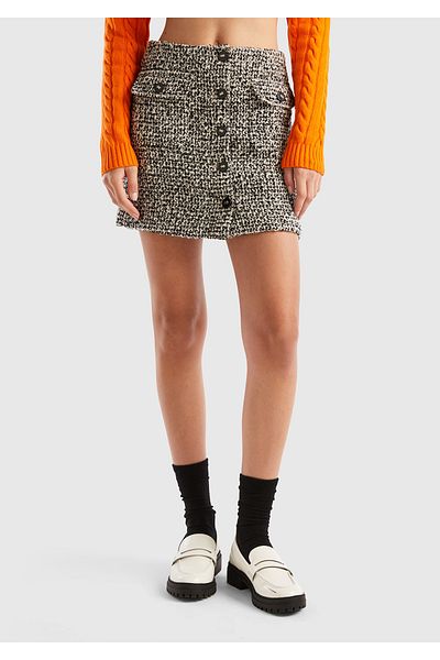 United Colors of Benetton Fusta mini pentru femei Tweed în lână alb-negru