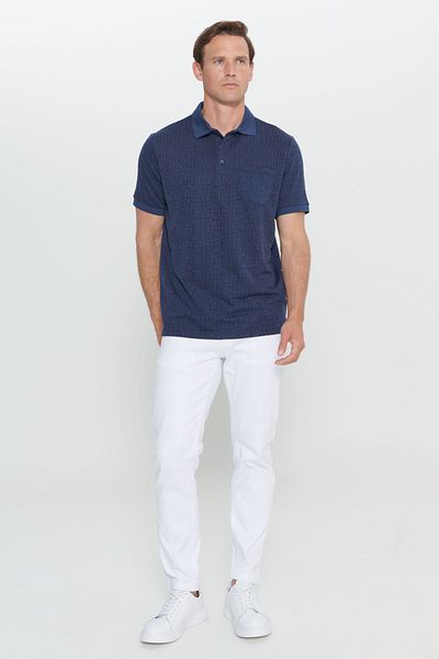 ALTINYILDIZ CLASSICS Marineblaues Herren-Jacquard-T-Shirt mit bequemer Passform und entspanntem Polokragen