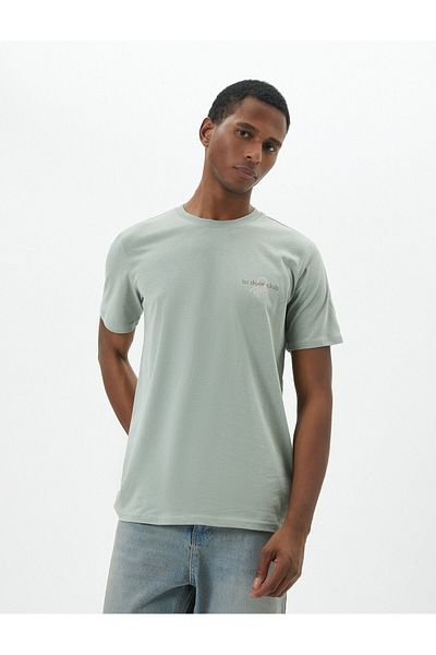 Koton Μπλουζάκι με στάμπα με σύνθημα Slim Fit Crew Neck κοντομάνικο βαμβακερό