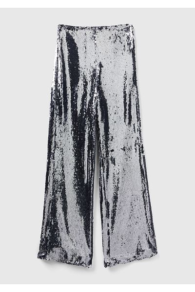 United Colors of Benetton Silver Colored Sequined Side Zipper Women's Trousers - Regular Fit