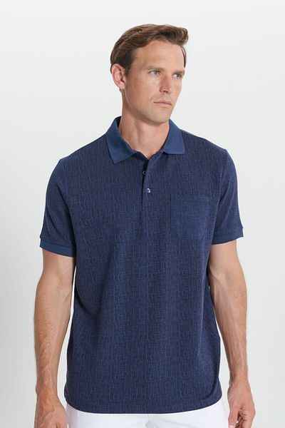 ALTINYILDIZ CLASSICS Marineblaues Herren-Jacquard-T-Shirt mit bequemer Passform und entspanntem Polokragen