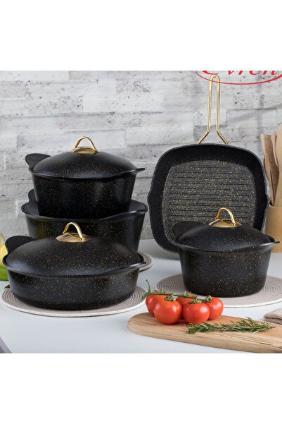 Evren 9 Parça Gold Stone Yelpaze Döküm Tencere Seti (Kapaksız Fırında Kullanılır)