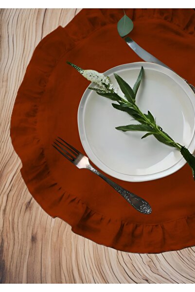 Belomia Home Collection İkili Kiremit Rengi Fırfırlı Amerikan Servis | 2' li Kadife Dokulu Leke Tutmaz Supla Takım Tarçın