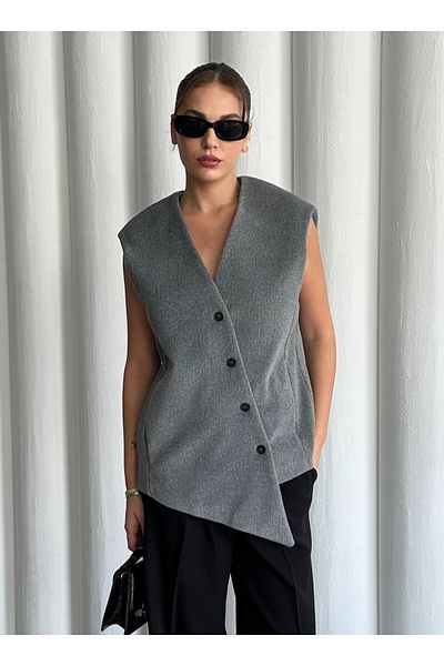 Laluvia Gray Venetian Cross Button Vest- 509063