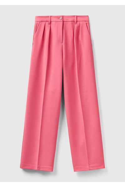 United Colors of Benetton Dried Rose Polyviscous Women's Trousers - Wide Leg Pleated