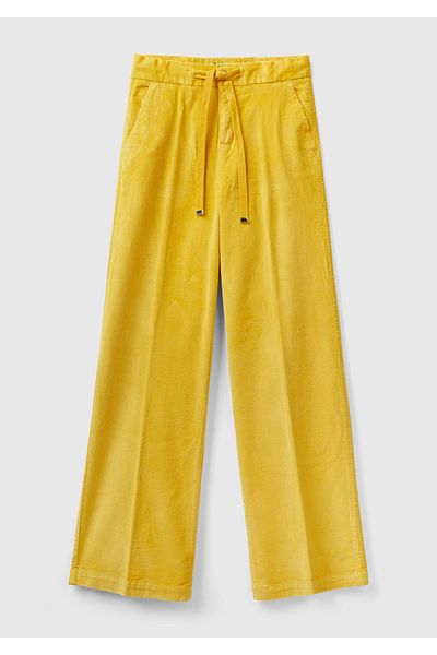 United Colors of Benetton Mustard Cotton Pants - Women's, Drawstring Waist Design