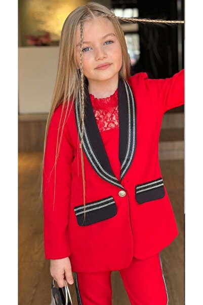 Riccotarz Girls' Stonework Shawl Collar Blazer Jacket Lace Detailed Blouse Stripe Detailed Red Bottom Top Suit