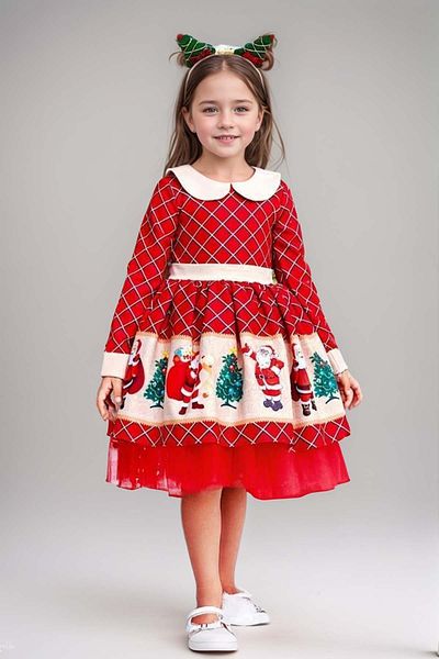 Riccotarz Girl's Plaid Detailed Santa Claus Printed Baby Collar Christmas Red Dress