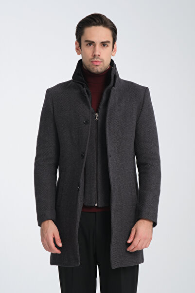 Frappoli Patterned Regular Fit Men's Cashew Coat with Very Thick Removal Zipper and Thin Fur Inside