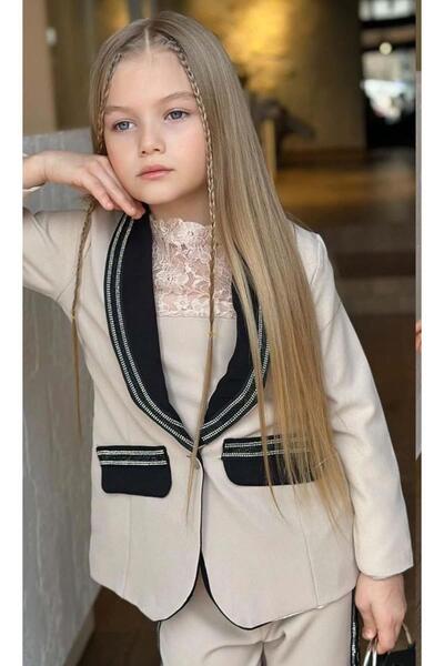 Riccotarz Girls' Stonework Shawl Collar Blazer Jacket Lace Detailed Blouse Stripe Detailed Cream Bottom Top Suit