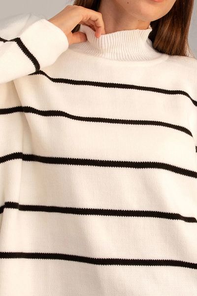 ribana Women's White Oversize Striped Half Turtleneck Knitwear Sweater, Striped Sweater