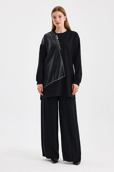 Zühre Black Tunic with Leather and Zipper Detail T-1538