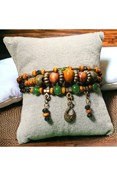 DEHNA Metal Sallantı Boncuklu Ahşap ve Metal Kombinasyonlu Bileklik, Ayarlanabilir Klips Kapama