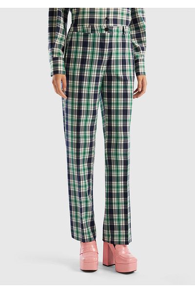 United Colors of Benetton Green Mix Polyviscous Plaid Women's Trousers - Regular Fit