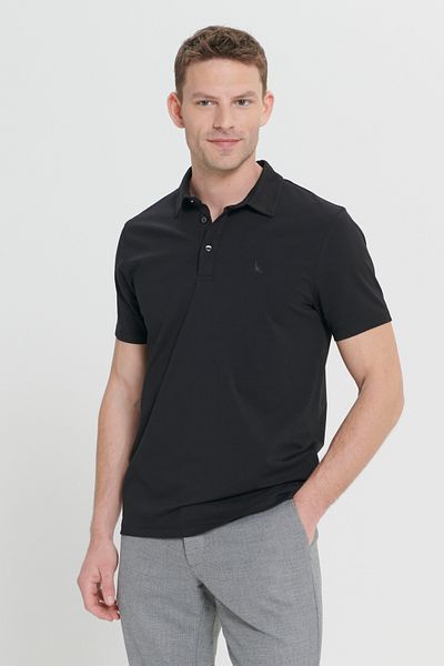 ALTINYILDIZ CLASSICS Men's Black Cotton Slim Fit Slim Fit Polo Neck T-Shirt