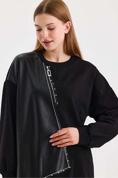 Zühre Black Tunic with Leather and Zipper Detail T-1538