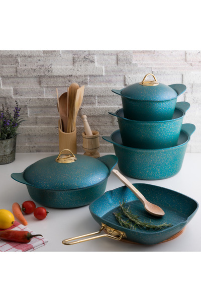 Evren 9 Parça Green Yelpaze Döküm Tencere Seti (Kapaksız Fırında Kullanılır)