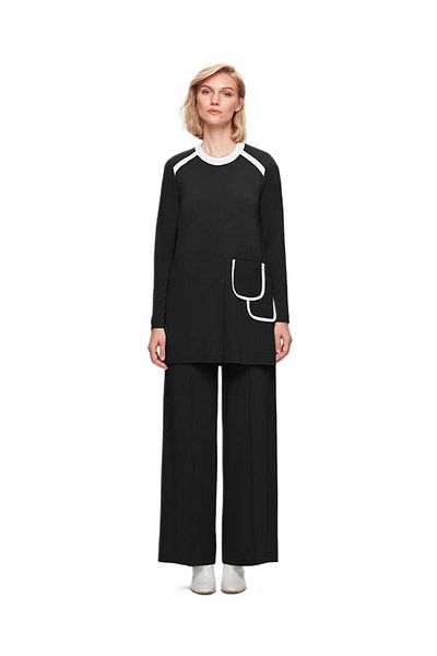 MISS DALIDA Pantaloni negri din tricot cu picioare largi T25K-7001