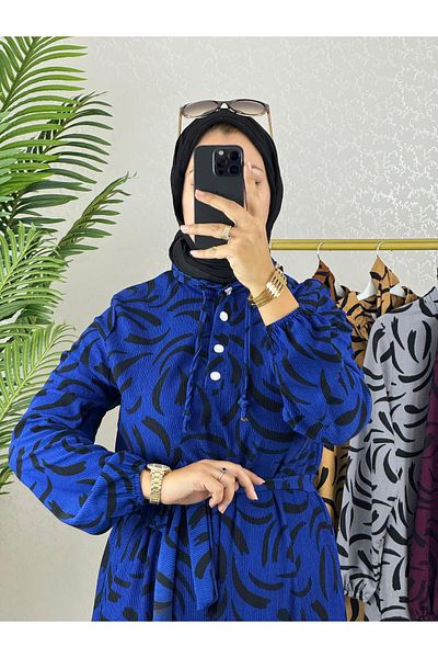 WAPP Γυναικείο φόρεμα Saks Blue Plus Size Karin ύφασμα με μπροστινό κουμπί με γιακά με ζώνη Hijab