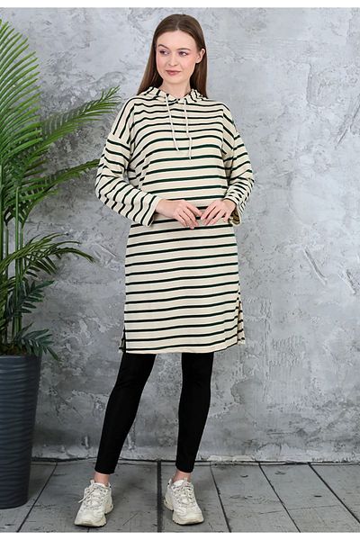exxitcollection Hanorac lung cu tunică cu dungi cu glugă de 95 cm - două fire