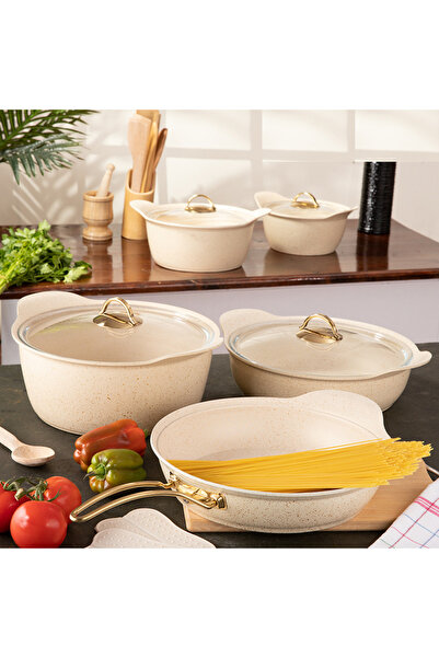 Evren 9 Parça Cream Yelpaze Döküm Tencere Seti (Kapaksız Fırında Kullanılır)