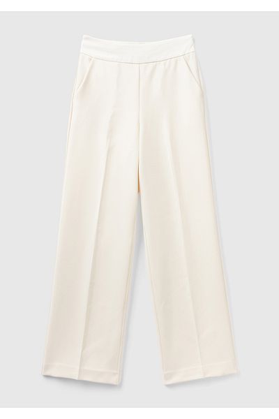 United Colors of Benetton Pantaloni de damă cu talie înaltă din satin cu picioare largi - crem