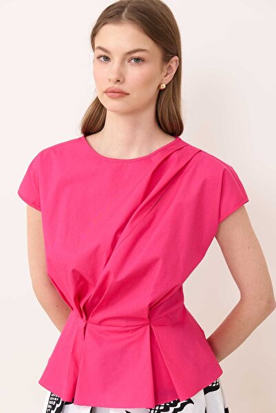 Roman Drape Detaylı Peplum Poplin Bluz Fuşya Y2413026_003