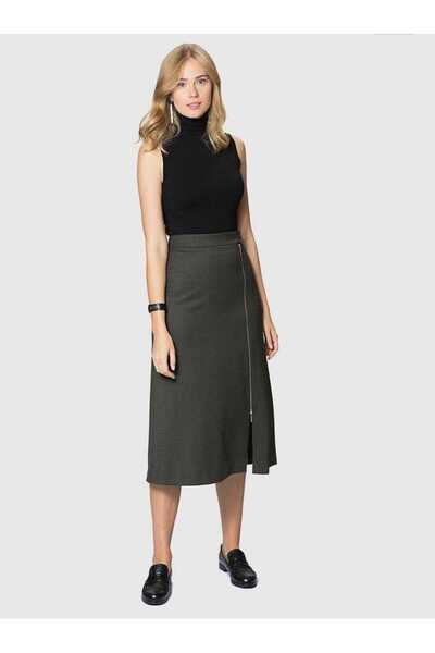 Roman Fermuar Detaylı Yün Midi Boy Etek Siyah Haki K1815027_023