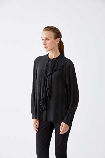 Roman Volanlı Şifon Kadın Gömlek Siyah K2213511_001