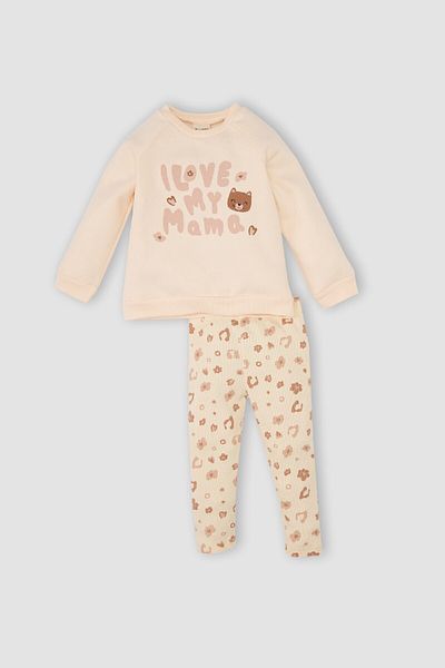 DeFacto 2-Piece Set for Baby Girl - Crew Neck, Printed Long Sleeve T-Shirt and Leopard Print Bottom D6011A524Wn