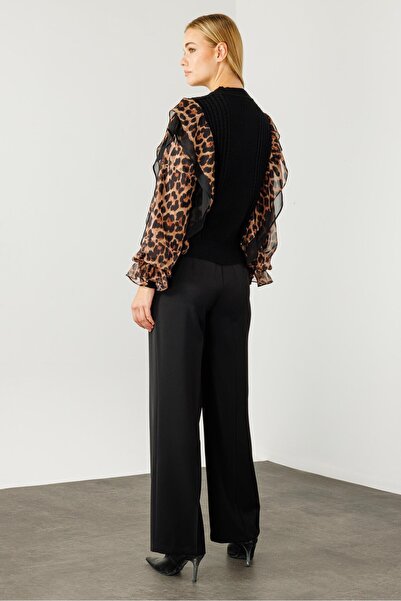 Moda İlgi Modailgi  Kolları Şifon Leopar Desen Triko Bluz Vizon