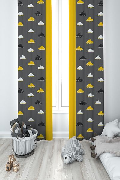 BAMBAŞKA MODA Baby and Children's Room Yellow Elephant Balloon Framed 2 Wings Background Curtain Ybp-8375